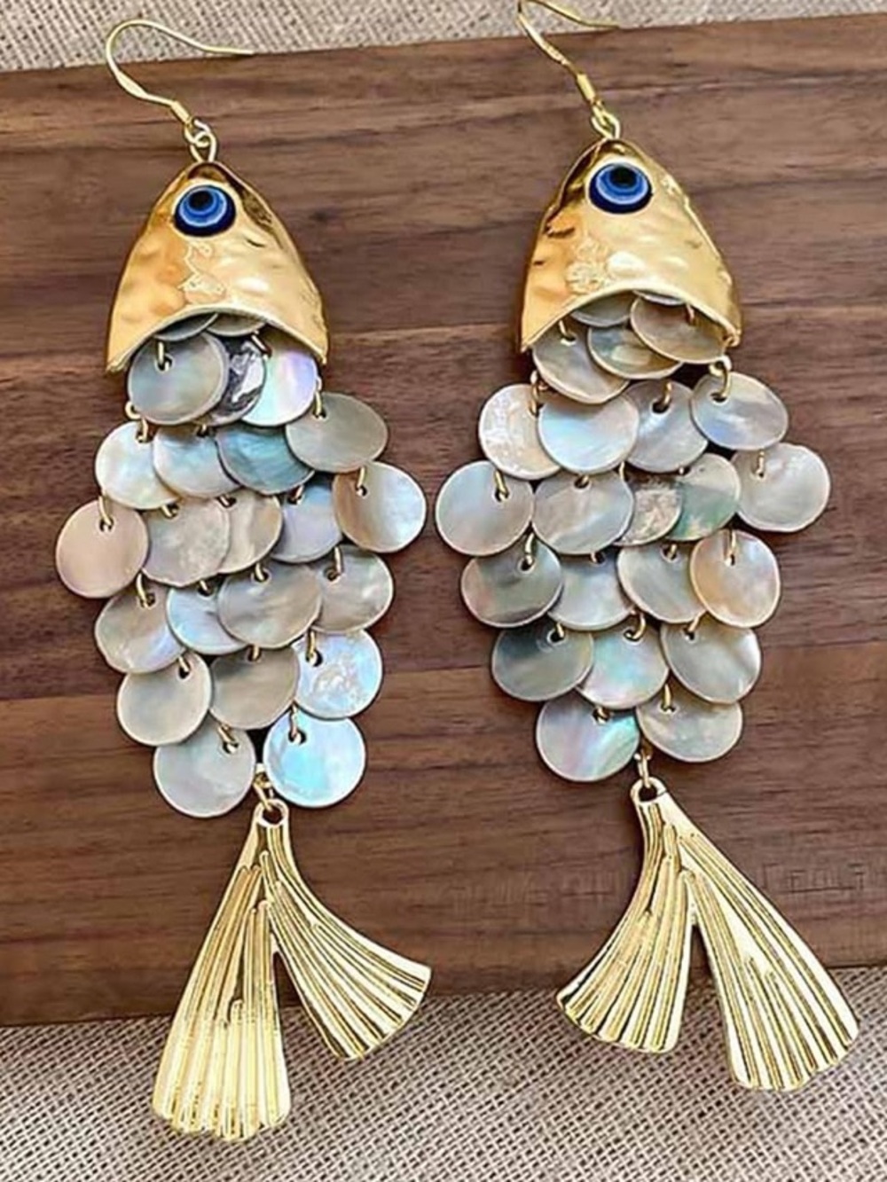 Gold Fish Shell Disc Dangle Earrings - Picture 2 of 7